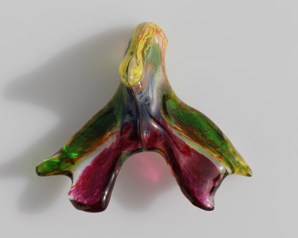 3D printed model of the clitoris based on the work of Ju Young Lee. Yellow structures are the nerves. Green and purple are erectile tissue. Red and blue are arteries and veins.