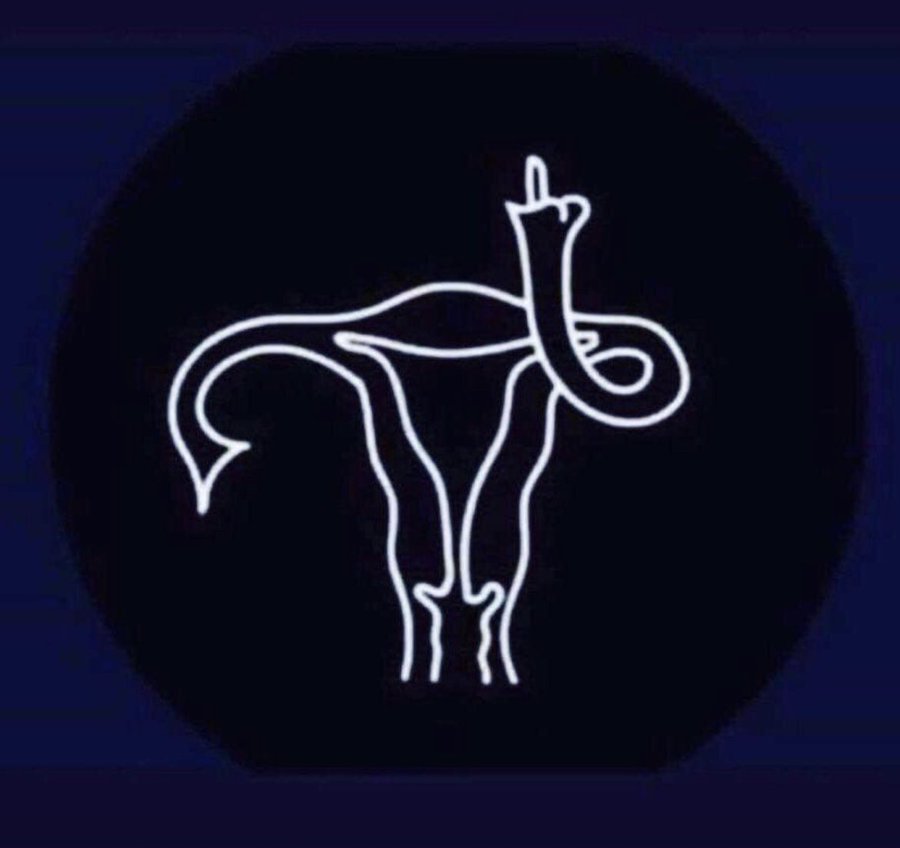 A graphic of a uterus where the left fallopian tube is flipping the middle finger