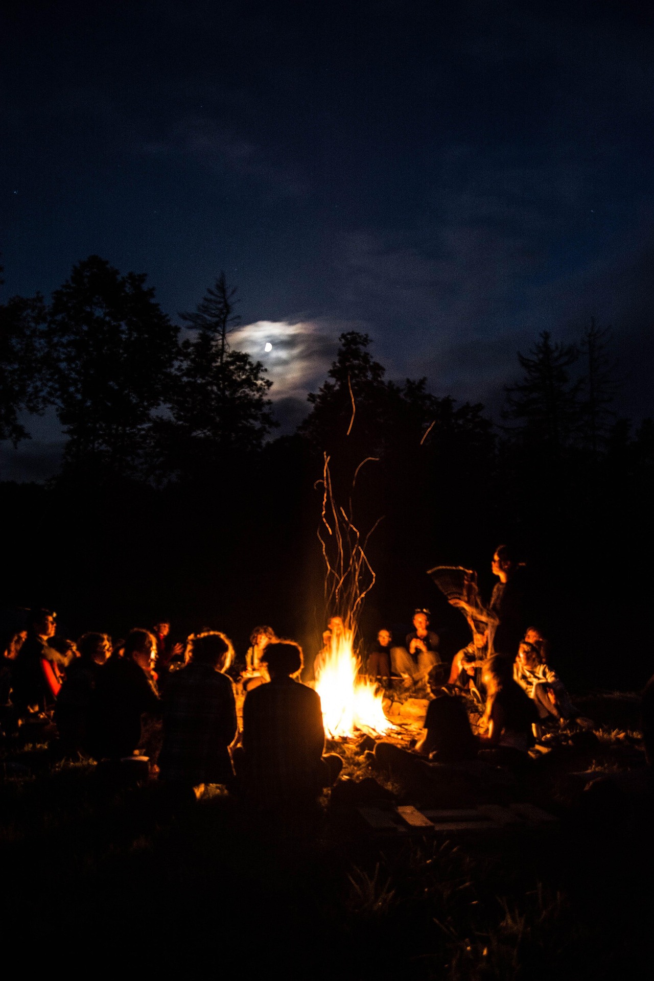 A group of people sitting around a bonfire at night in a forest. The moon is also visible in the night sky.