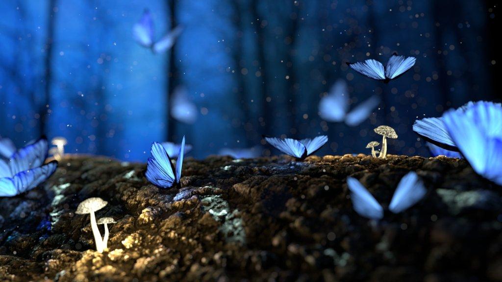 Blue butterflies and fungi in a surreal ecosystem