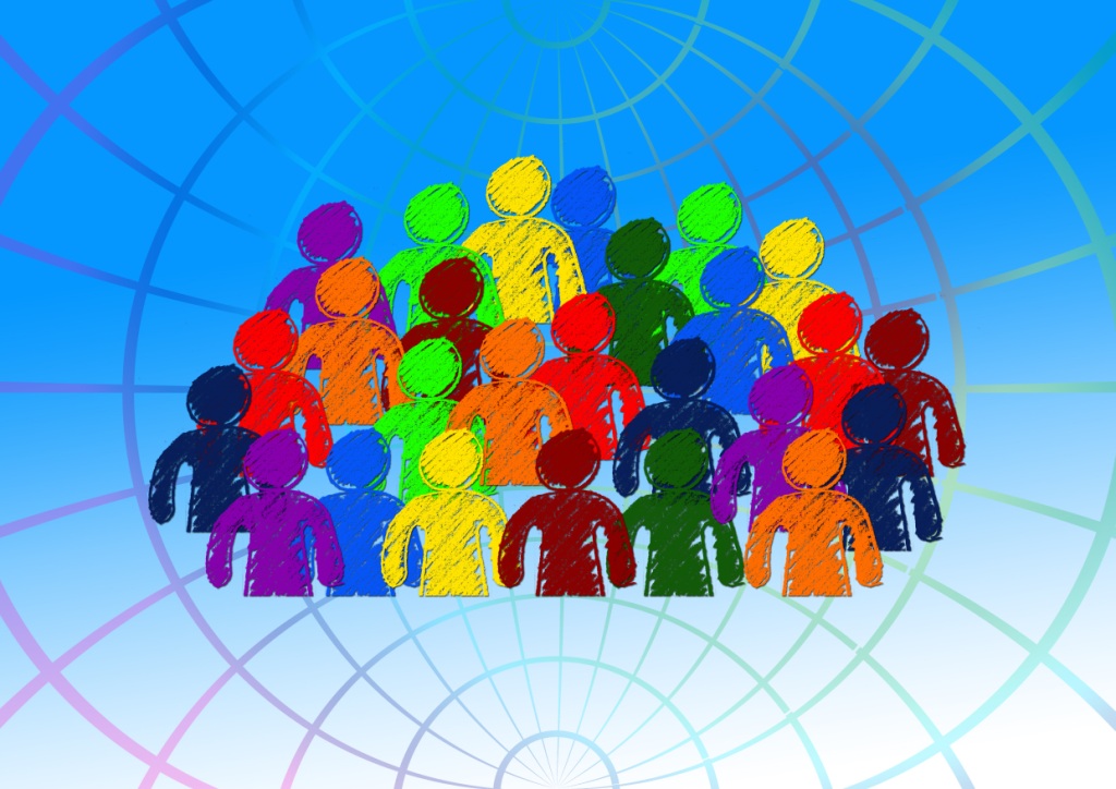Graphic of a colourful group of people superimposed on a Earth grid, intended to resemble a Citizens' Assembly