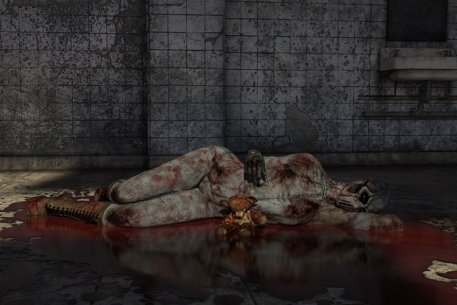 A horror scene of a disfigured woman lying on a kitchen floor in a pool of blood. A small teddy bear is next to her.