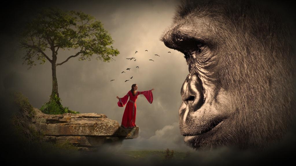 Fantasy woman on cliff beckons to giant gorilla