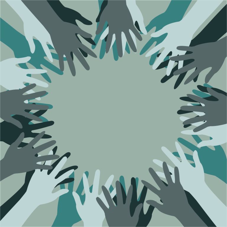 Graphic of many hands of different colours reaching to a centre, so forming a circle