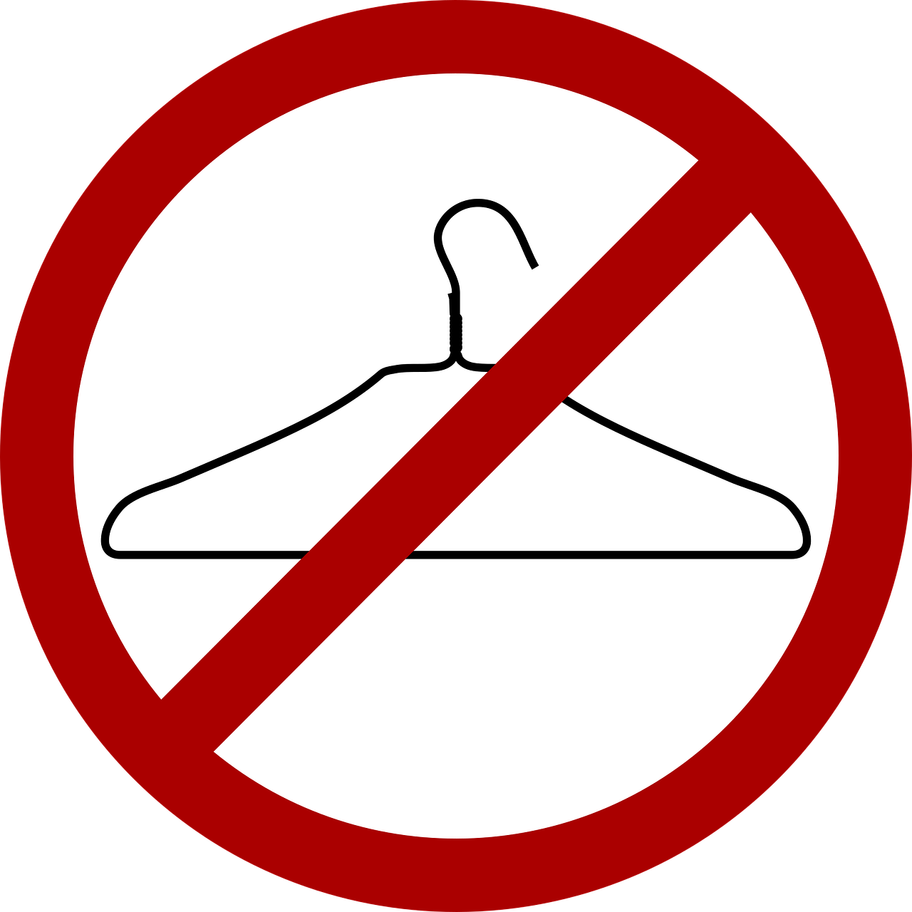A graphic of a wire coathanger. It is within a traffic-type sign, a red circle with a red diagonal line across it. The meaning is 'No Coathangers'.
