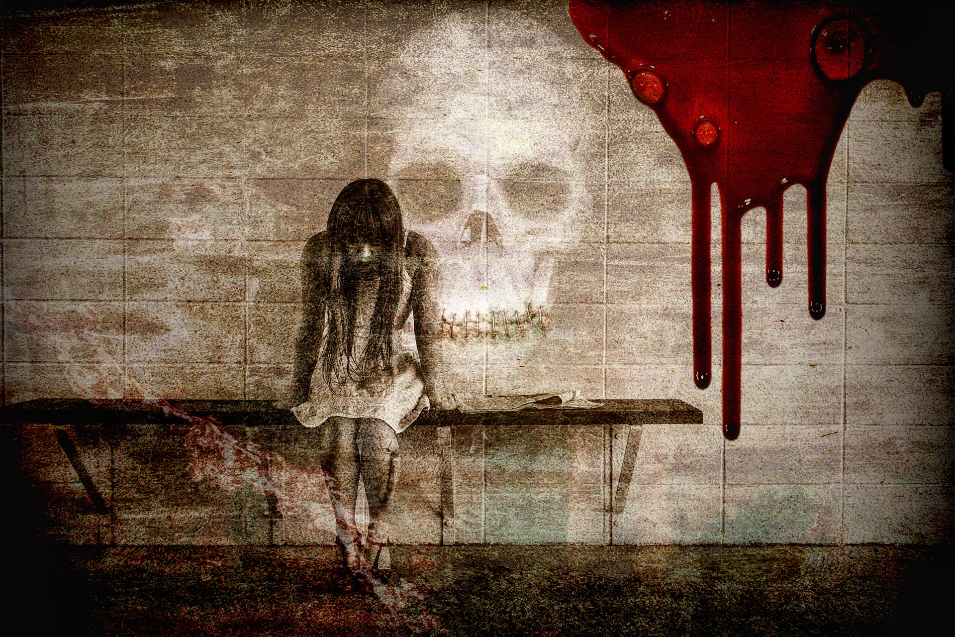 A young woman in a white dress sits on a bench alone. Her head is downcast. A skull image is on the wall behind her, as is some blood. The image has a faded appearance apart from the blood.