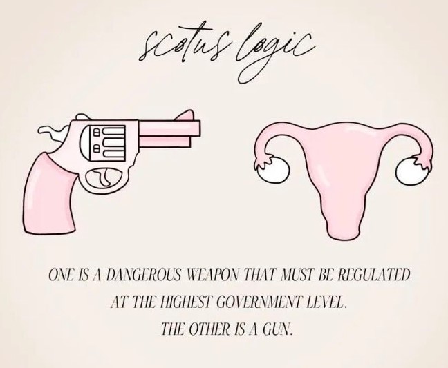 On a pink background, a handgun on the left, a uterus on the right. Above them, the heading: 'SCOTUS Logic'. Below them, the description: "One is a dangerous weapon that must be regulated at the highest Government level. The other is a gun."
