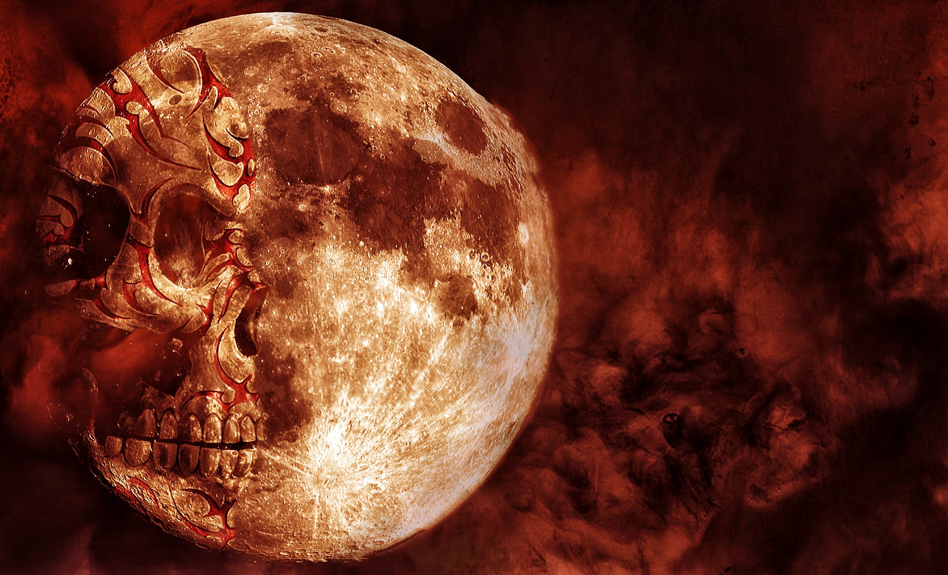 Against a red cloudy night background, on the left half is the red Moon with a skull image on its left