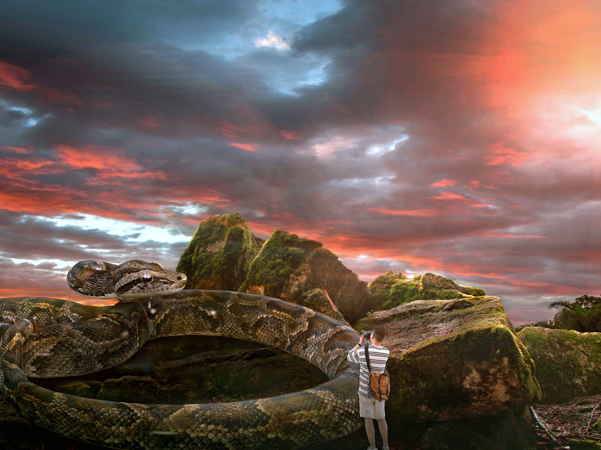 A fantasy image. A man photographs a beautiful mountain landscape. A snake as big as the mountains looks at him.