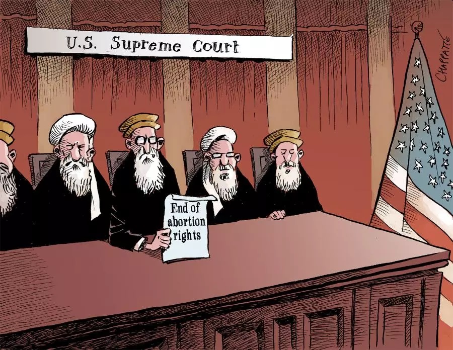 A cartoon showing five judges of the US Supreme Court. They have determined that it is the End of Abortion Rights, holding this declaration as a document in front of them. The five judges all are dressed as Islamic fundamentalists, in religious garb and with long grey beards. There is an American flag to the right.