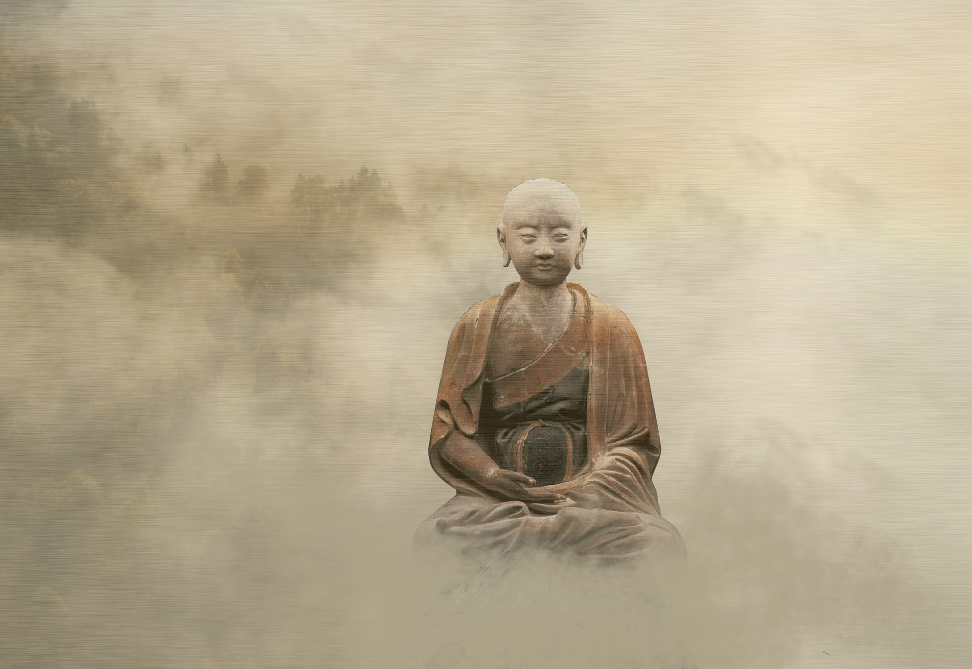 A Buddha sits cross-legged in a misty nature landscape, appearing to hover out-of-time
