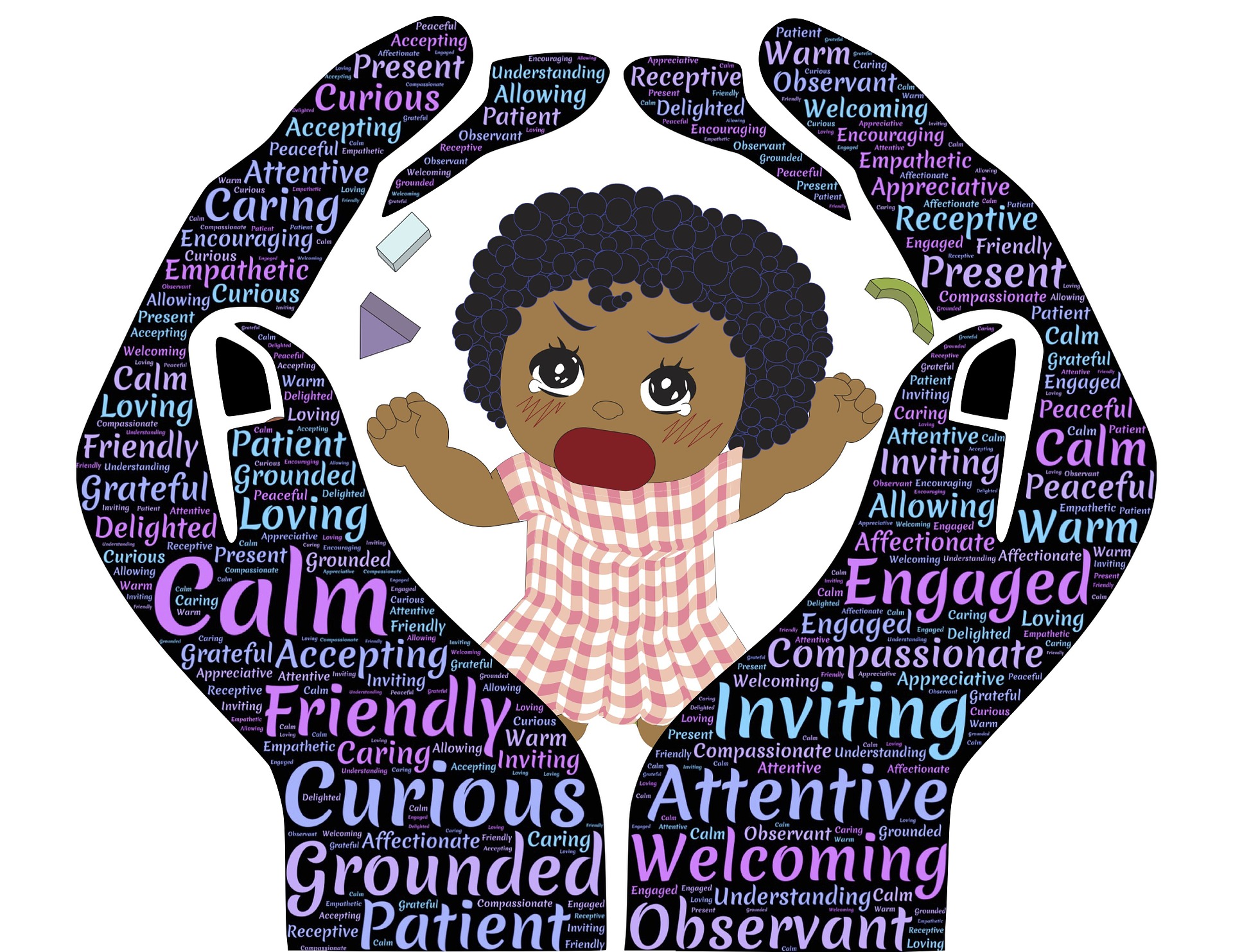 A graphic of a young girl, who is angry. Surrounding her are a caring pair of hands. Within the hands are many words, such as 'Calm', 'Curious', 'Attentive', 'Friendly', etc. The overall colour scheme for the hands/words is cool, such as blues.