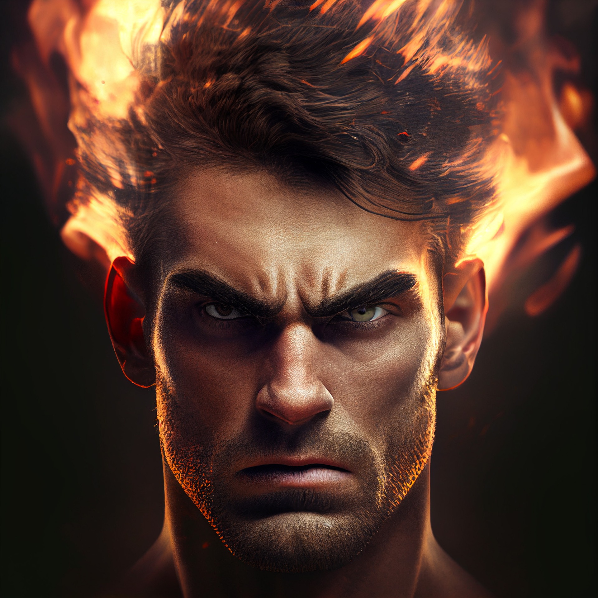 An AI-generated image of a fierce man's face with flames rising from his brown hair.