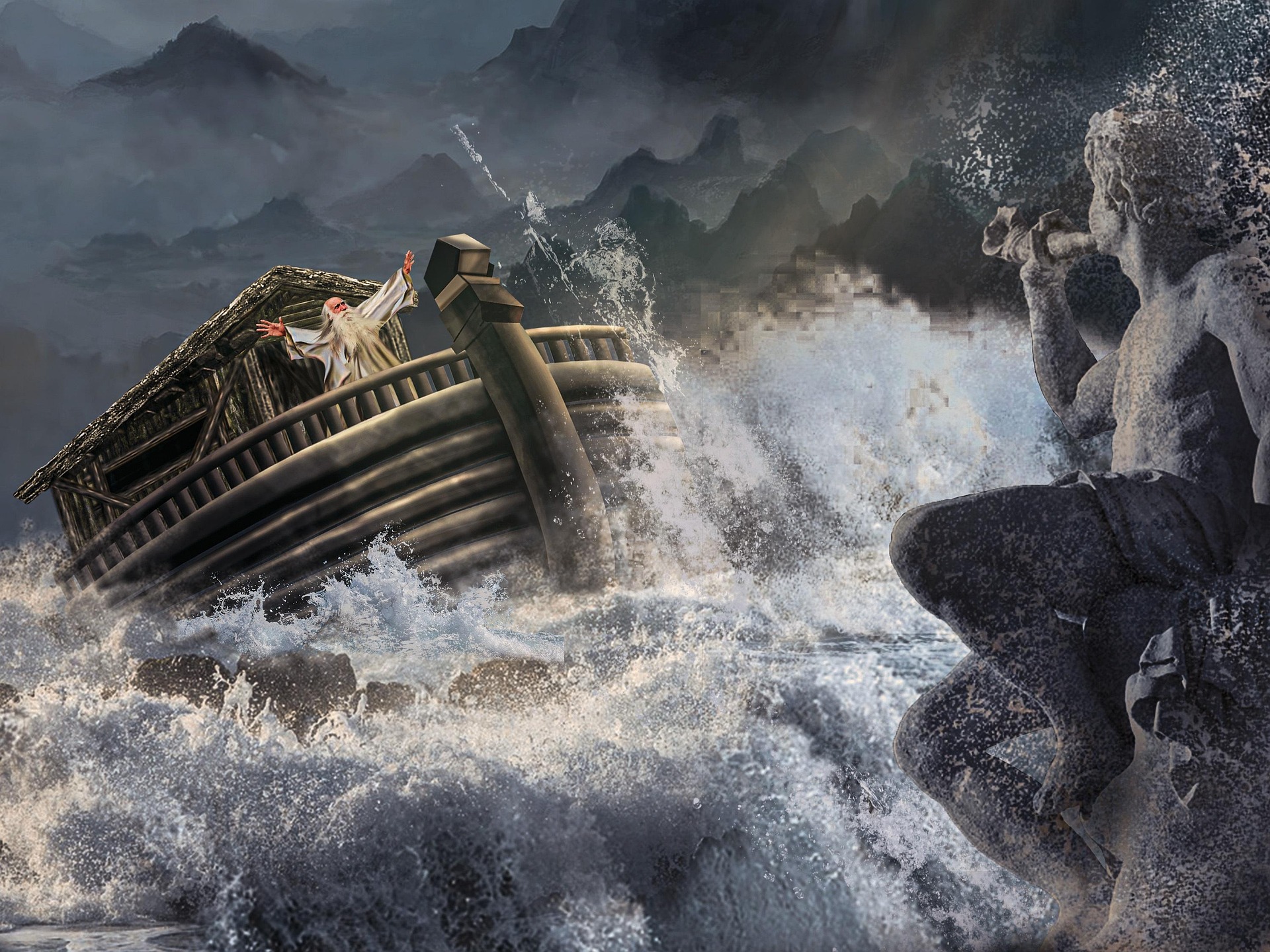Noah on the Ark in a very stormy sea, near some rocks. He pleads with God. On the rocks is a statue of an angel blowing a conch or Triton's trumpet shell - to wake us up.