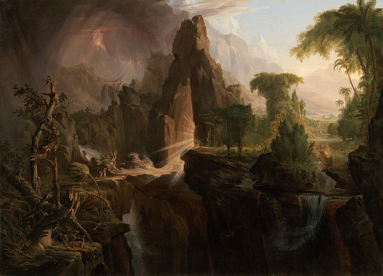 'Expulsion from the Garden of Eden', an 1828 painting by English-born American painter Thomas Cole. Adam and Eve leave a fertile Eden by way of a bridge into a barren land.