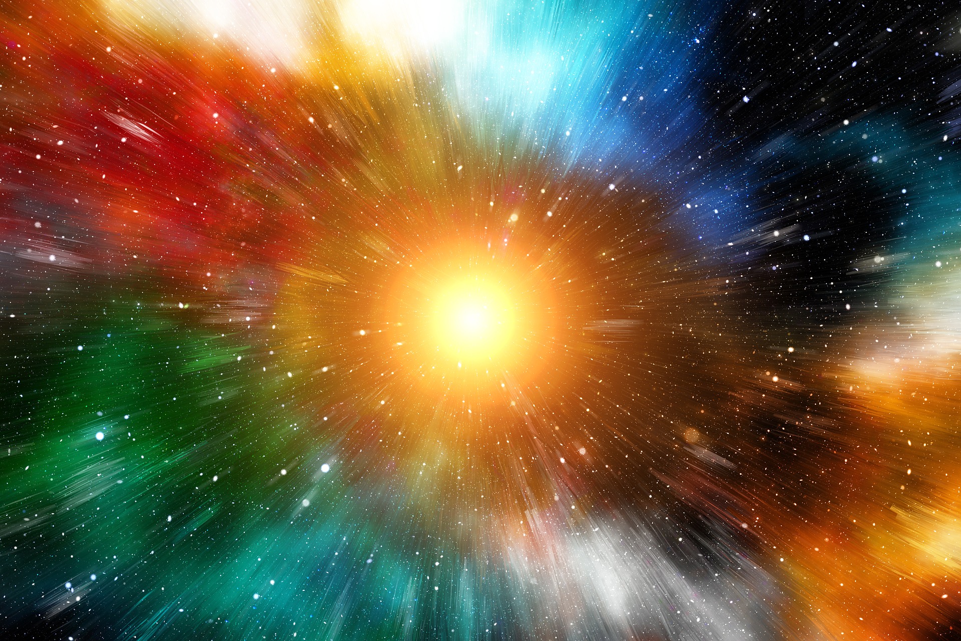 Sun in space with blurred streaks of colour reaching for it