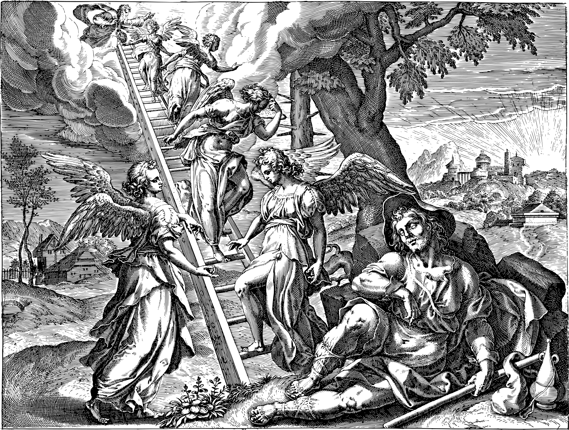A line art image of Jacob's Ladder. At the base of a tree, Jacob is dreaming. A wooden ladder stretches up to a cloud of Light, in which God resides. Angels are up and down the rungs. In the distance is a fortress atop a hill. Behind it, on the horizon, is a brilliant rising sun.