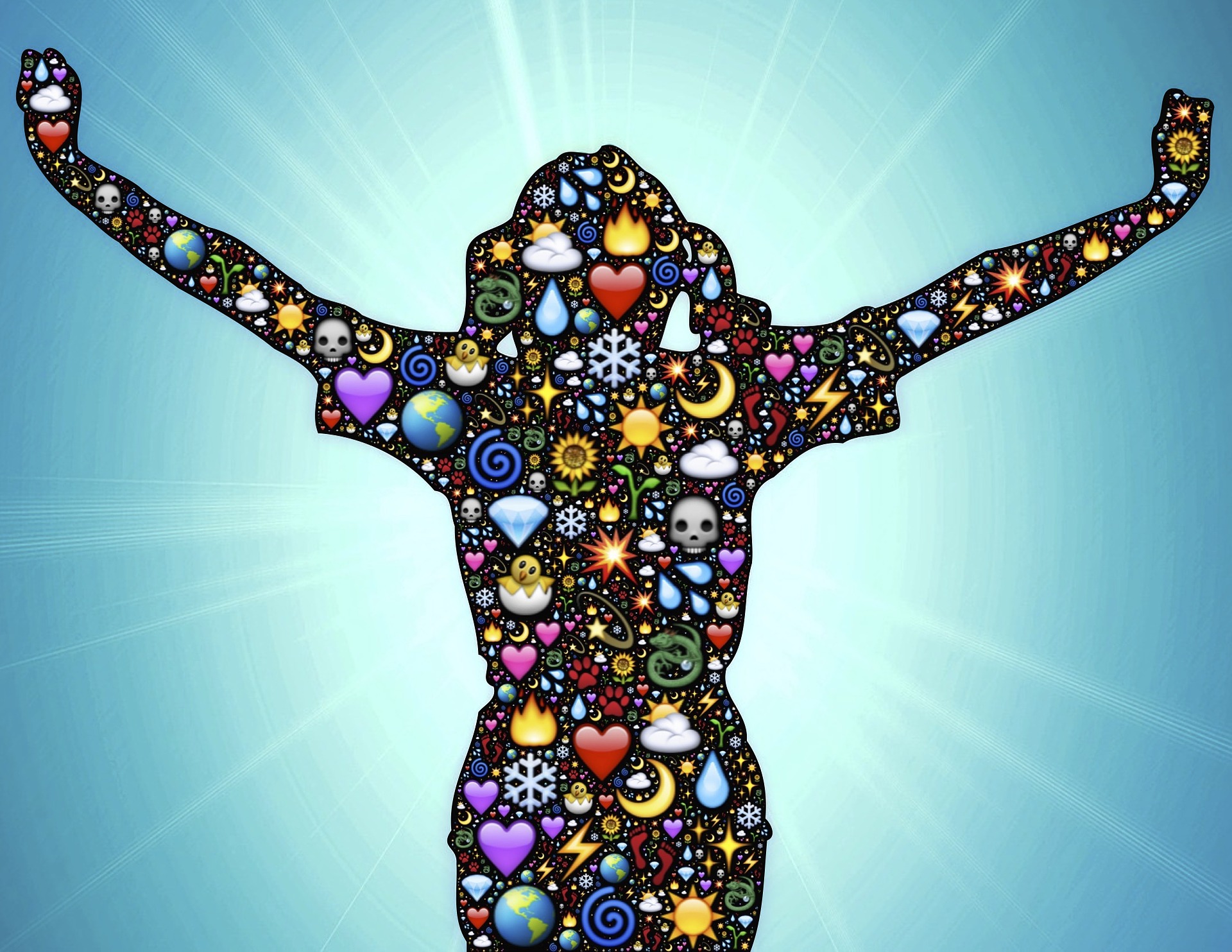 Silhouette of a woman backlit by the sun and a blue background. Her arms are outstretched. So many amazing symbols fill her body (hearts, suns, spirals, sunflowers, moons, clouds, etc.).