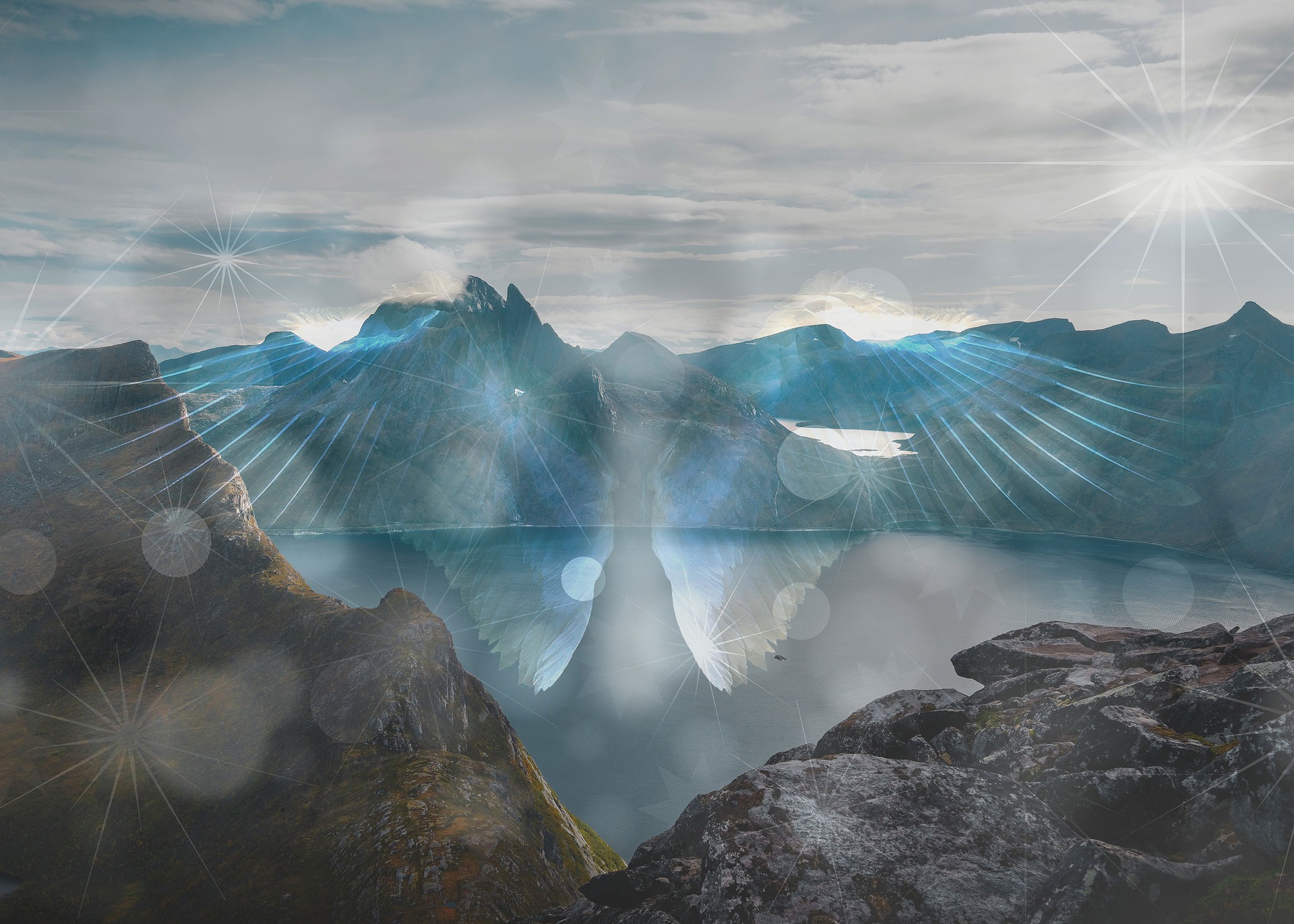 We are near the top of some hills, overlooking a lake. The sun is on the horizon and an ethereal angel appears to be present. This must be the overshadowing Angel.
