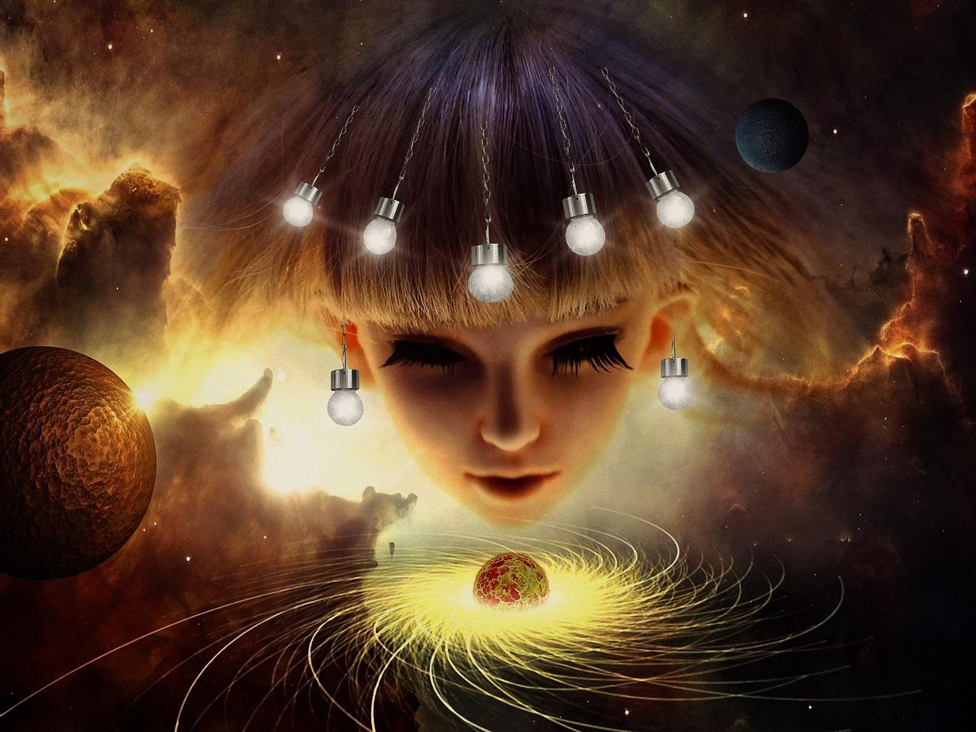 A fantasy image of a goddess in space. We see her head. She has lights as a crown, with matching earrings. She is gazing down on a whirling planet or sun. The sun gives off flashes of light all around.