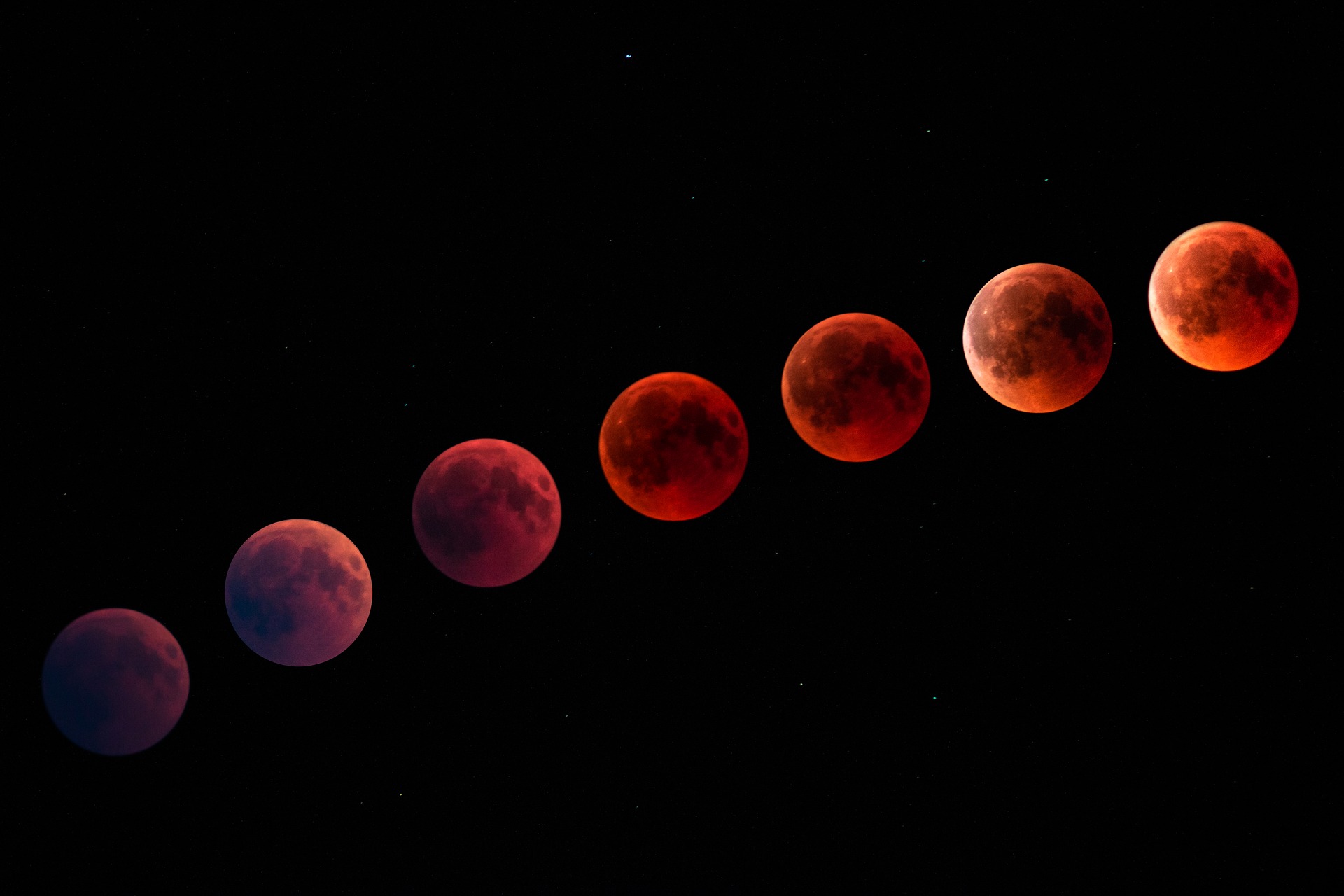 On a black background, a sequence of blood full moons, getting brighter from left to right