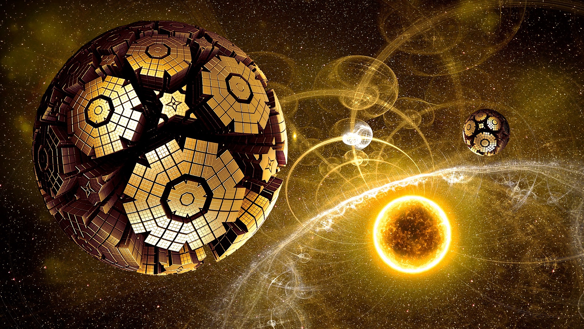 In the dark cosmos there is a bright sun, stars, golden geometrical balls, golden rays, fiery flares and golden trails of light