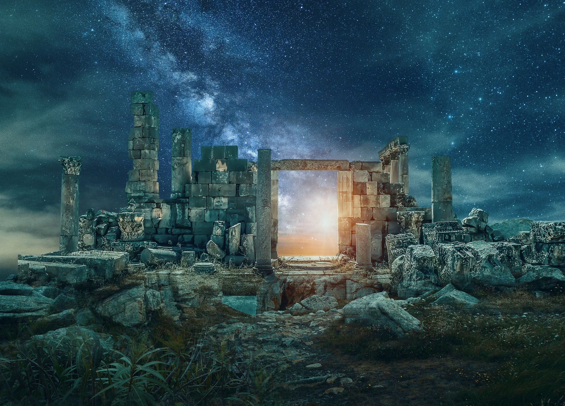 A stone ruins in a remote nature place under the dawn or dusk sky. The starry sky is magnificent. Looking through a stone door, the rising or setting sun is visible.
