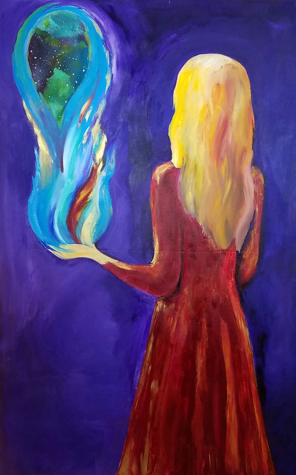 This is a painting with a purple background. A young woman with blonde hair faces away from us. She wears a magical, long red dress. Her left arm stretches out in front of her, from the elbow. From her hand  is manifesting a blue fire, and on top of that an Earth-like world.