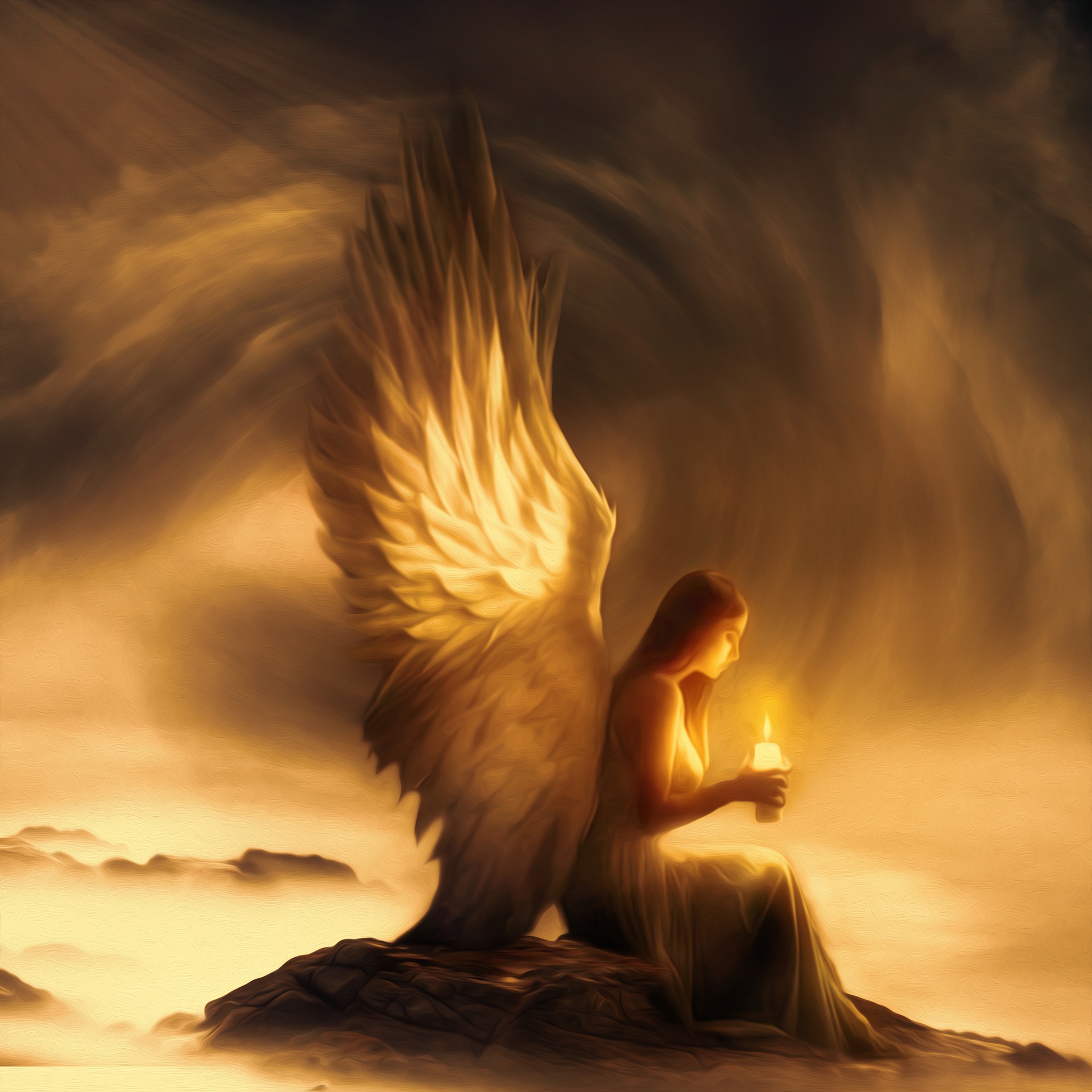 We see a luminous, swirly skyscape. There are waves of light energy all around. At the bottom of the image are - visible through the clouds - the tops of a mountain range. An angel with huge bright wings and the form of a woman with a flowing dress has come down from the sun. She is seated on top of a summit, looking right. She holds a lit candle in her hands and appears meditative.