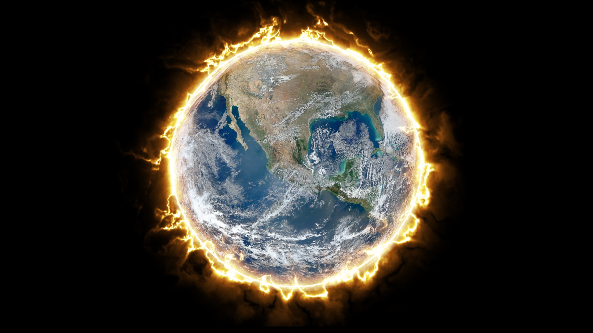 On a black background, the planet Earth has a halo of fire. Or is it the Earth superimposed atop the Sun?
