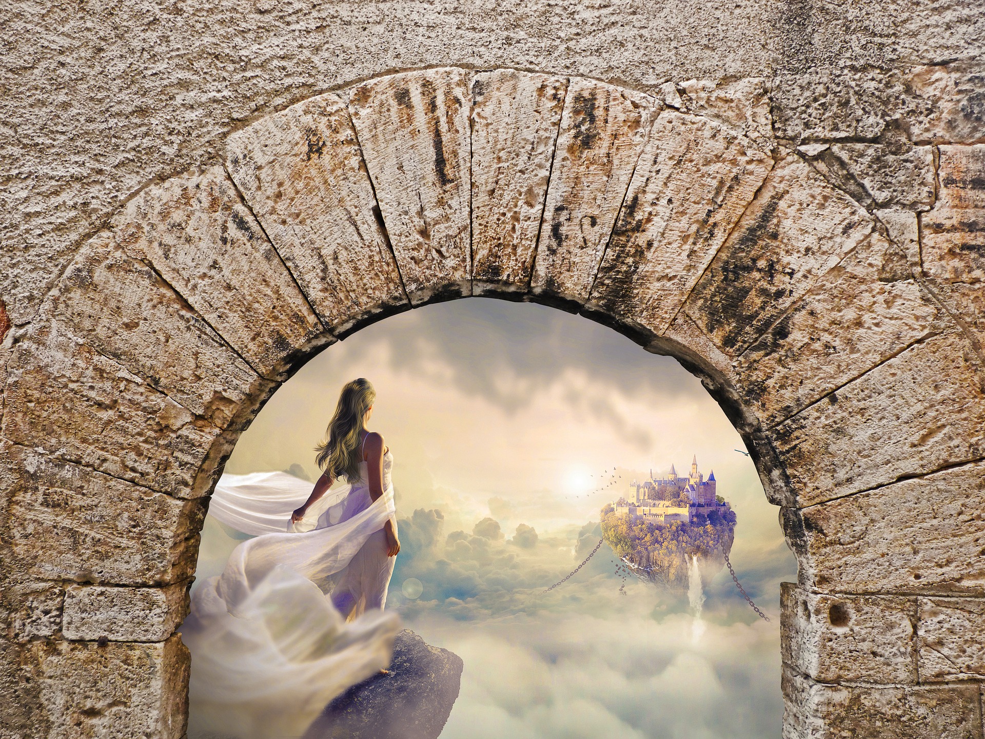 Through an archway we see a heavenly fantasy skyscape. In the distance a palace floats in the sky above the clouds. The sun shines gloriously. A young woman dressed in flowing finery is just beyond the arch, on a rocky outcropping. She gazes at the fabulous scene.
