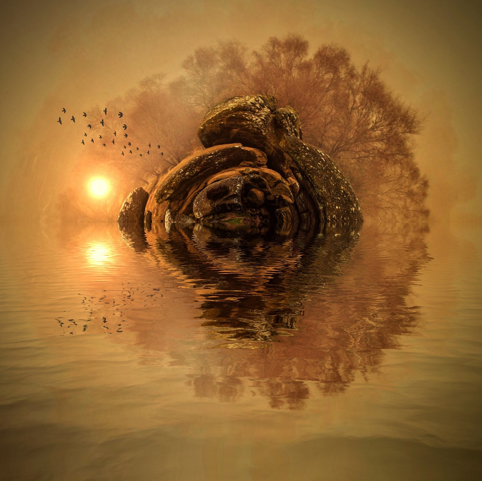 The sun is rising across a lake with an island. The island is alive with life, birds flying over it, trees growing from it, and even the massive stones seem to be alive and have faces.