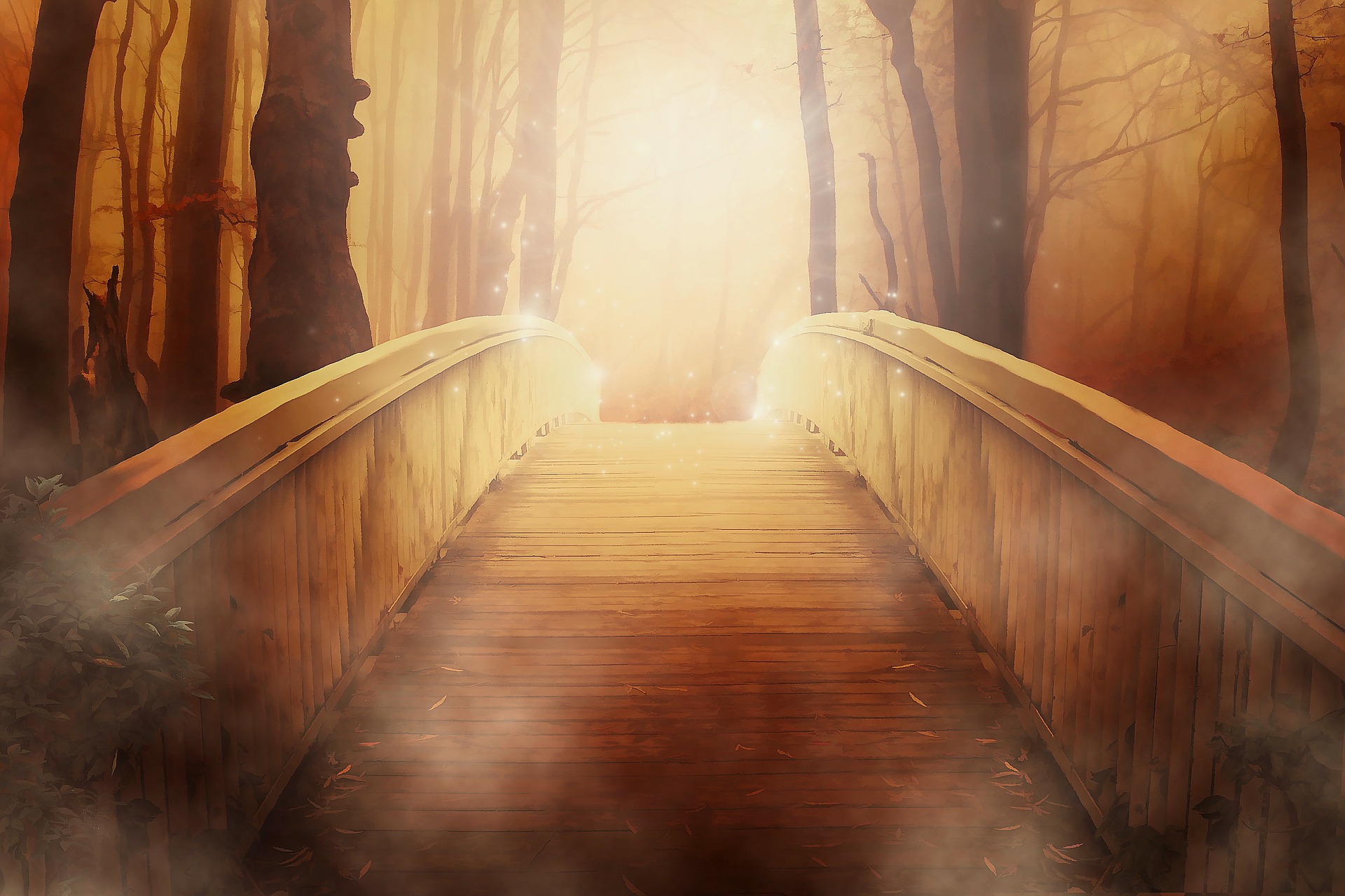 A fantasy image of a bridge that ascends. On the other side is a forest of light with a luminous sun and other soft sparkling lights.