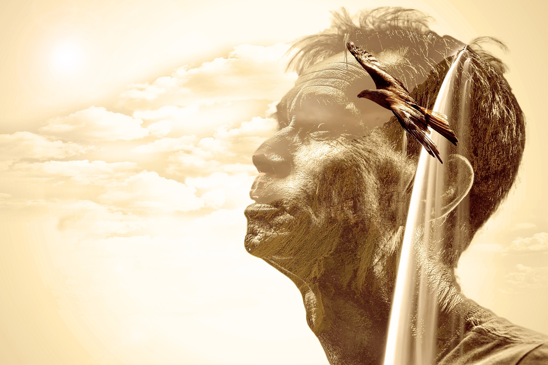 A photo montage of a man looking at the sun, whilst an eagle appears to fly in his head.