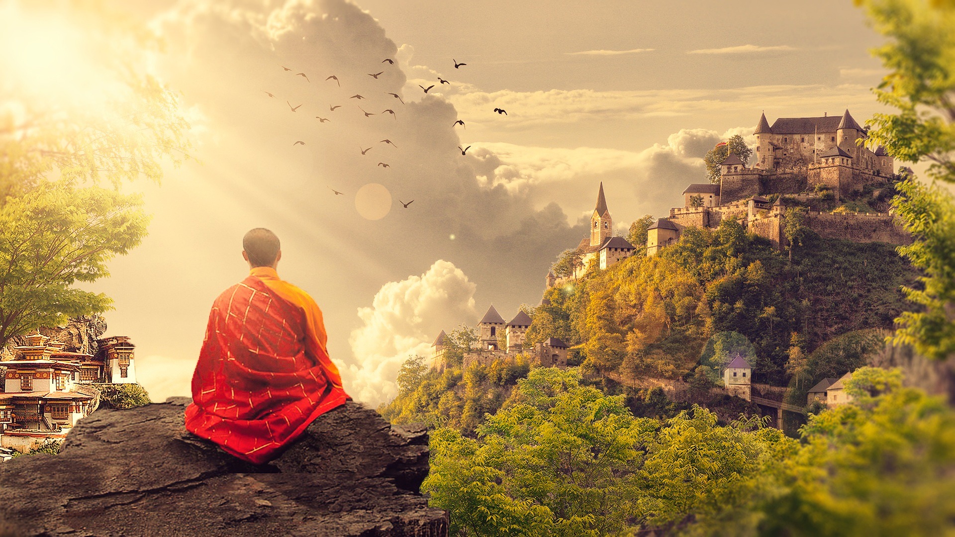 A Buddhist monk meditates on a mountain rock at the sunrise. To his left is a temple monastery. To his right is a large fortress atop a mountain peak. Many birds fly in the sun's rays.