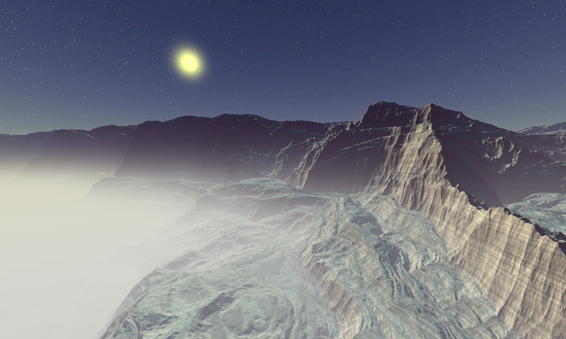An enchanted landscape. A mountain ridge runs from front right to rear left. A sun is in the sky but so are the stars. At ground level, it is brighter to the left. This seems to be a transition between night and imminent day.