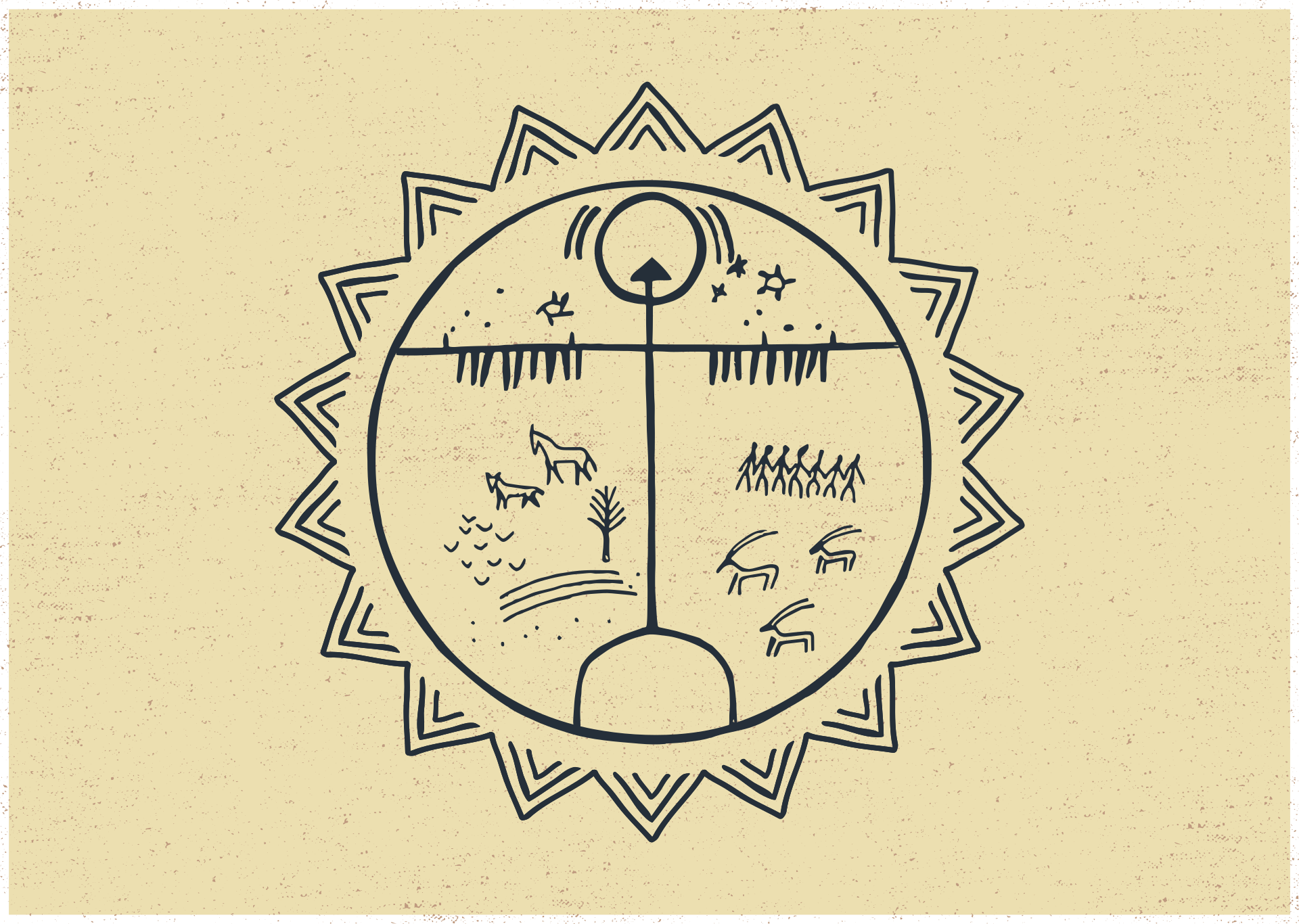 The light-coloured skin of a shaman's drum. In black, it is marked with a sun-like circle. Within the circle are various drawings, like animals, people dancing, stars, the moon.