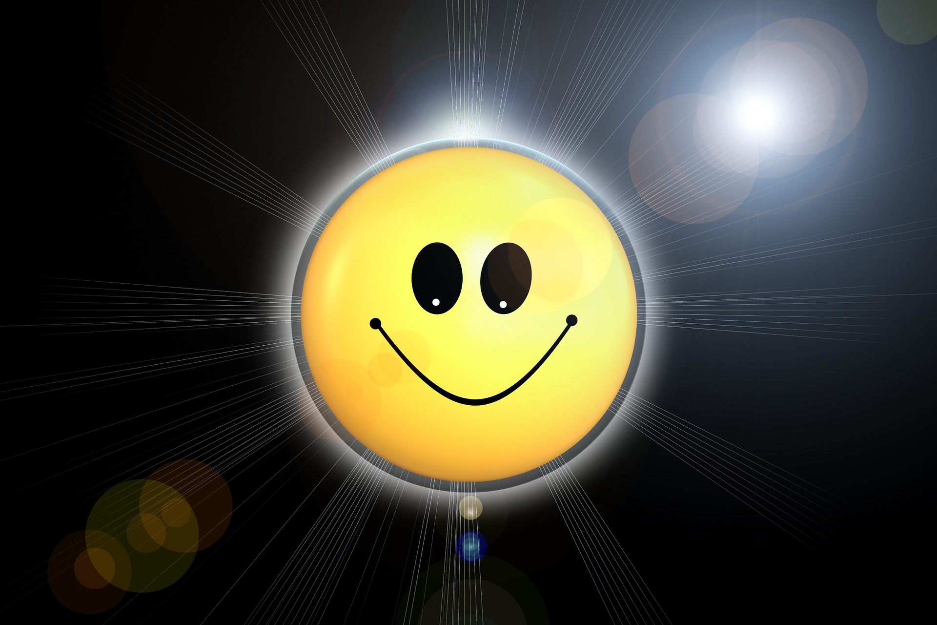Viewing the sun from the darkness of space, we see the sun has a smiley face and is shining brightly.