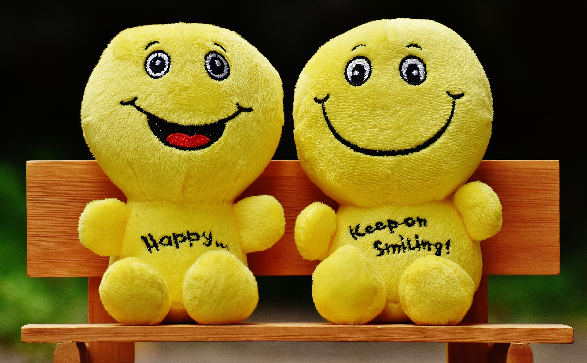 Two smiley cuddly toys are seated on a small bench. They are both smiling. The one on the left has its mouth open and on its chest is written 'Happy'. The one on the right has on its chest 'Keep on Smiling!'