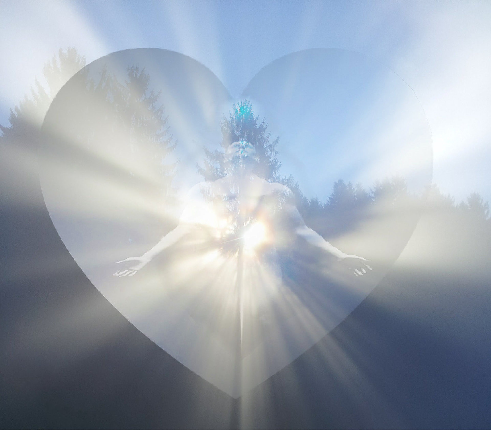 A muscular man looks upwards to the sky, his arms stretched out to the side around his waist, palms facing outward. Behind him is a forest. The low sun  penetrates the forest and permeates his chest. A heart symbol surrounds the central action of the image.