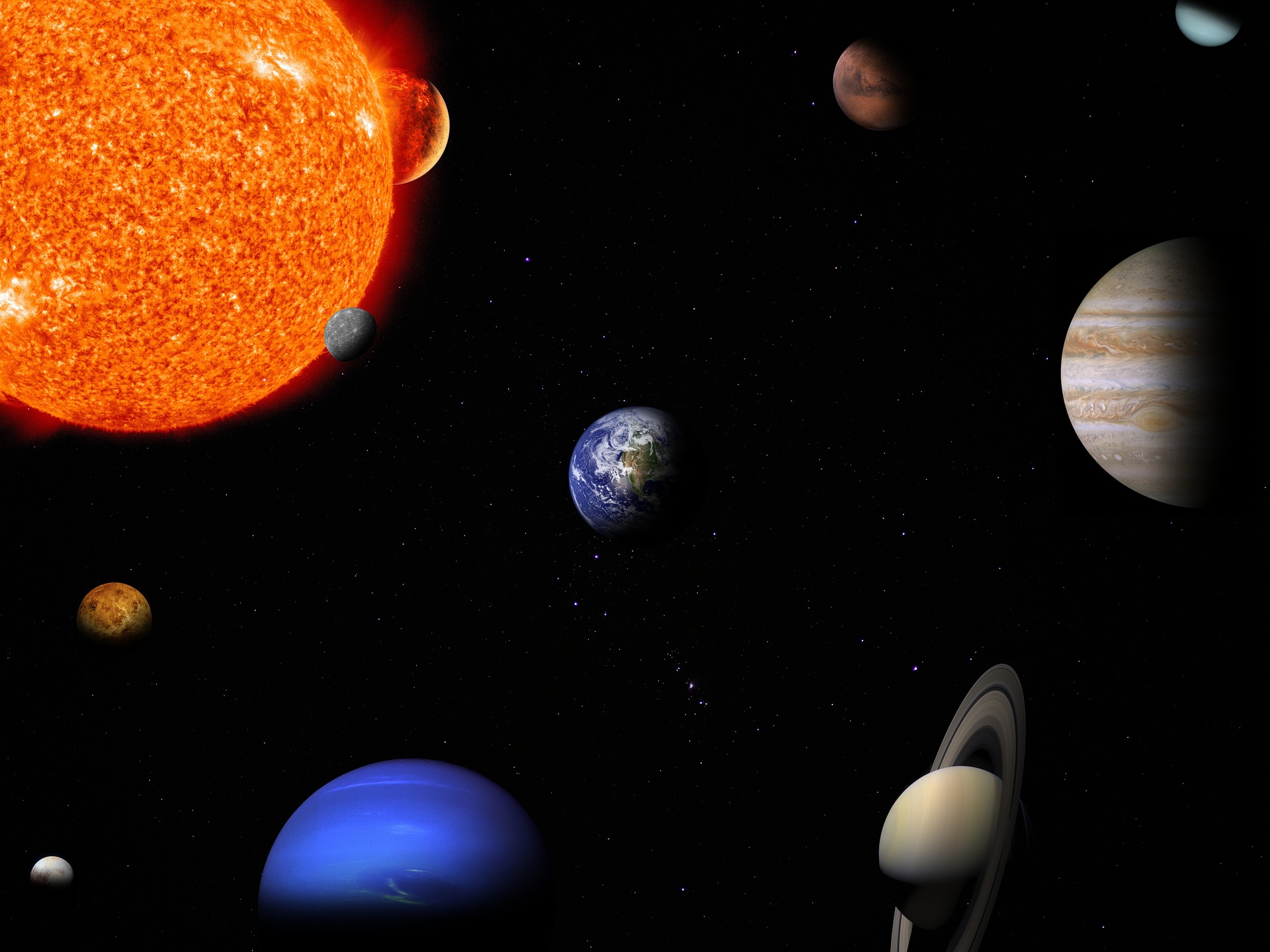 In the darkness of space and the distant stars, we see the solar system. The large Sun at top left. The Earth is in the centre. The other planets are all there also.