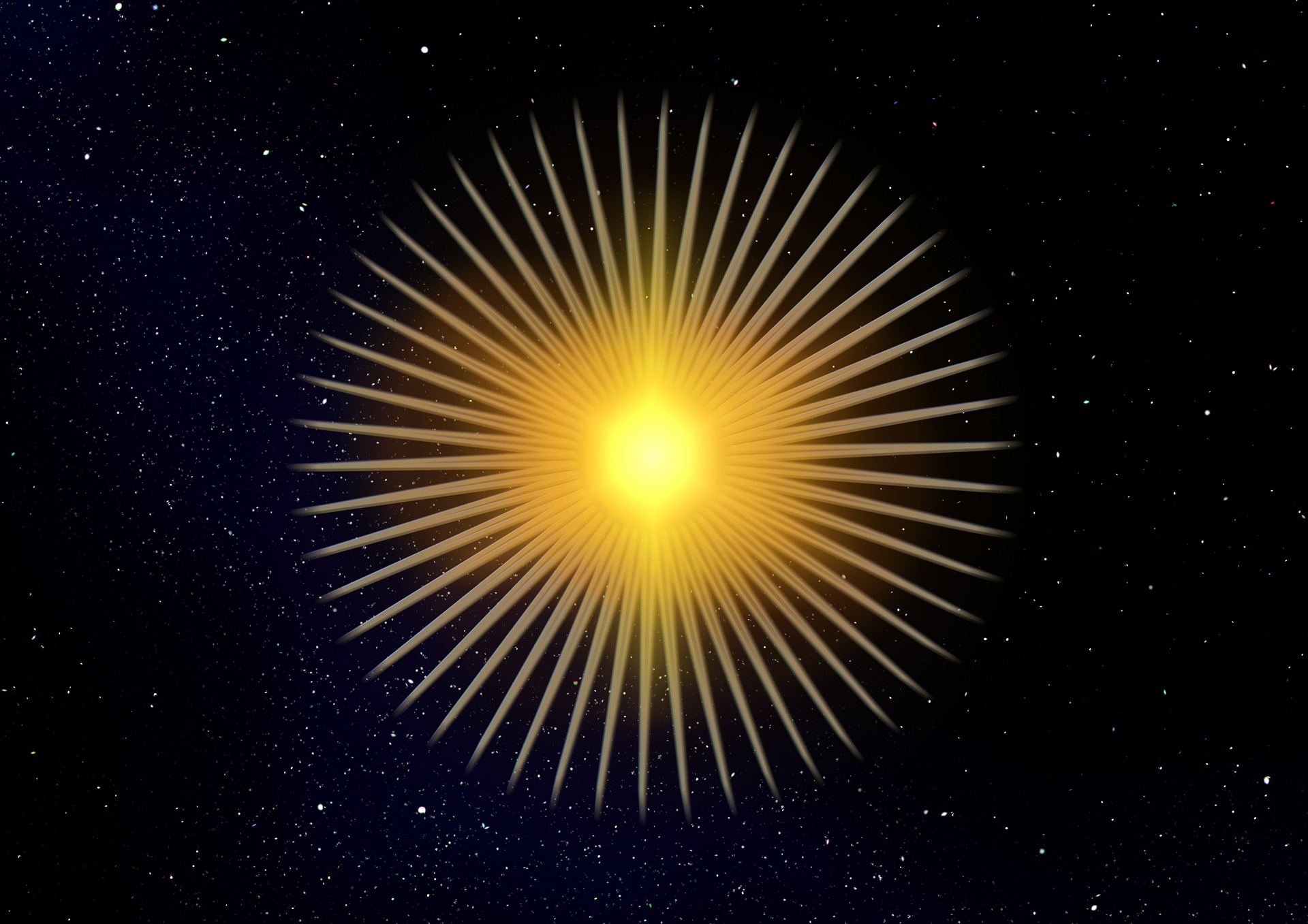 In the darkness of space and the stars, in the very centre is a Sun with its light shining far in all directions. The rays are symmetrical and perfect.