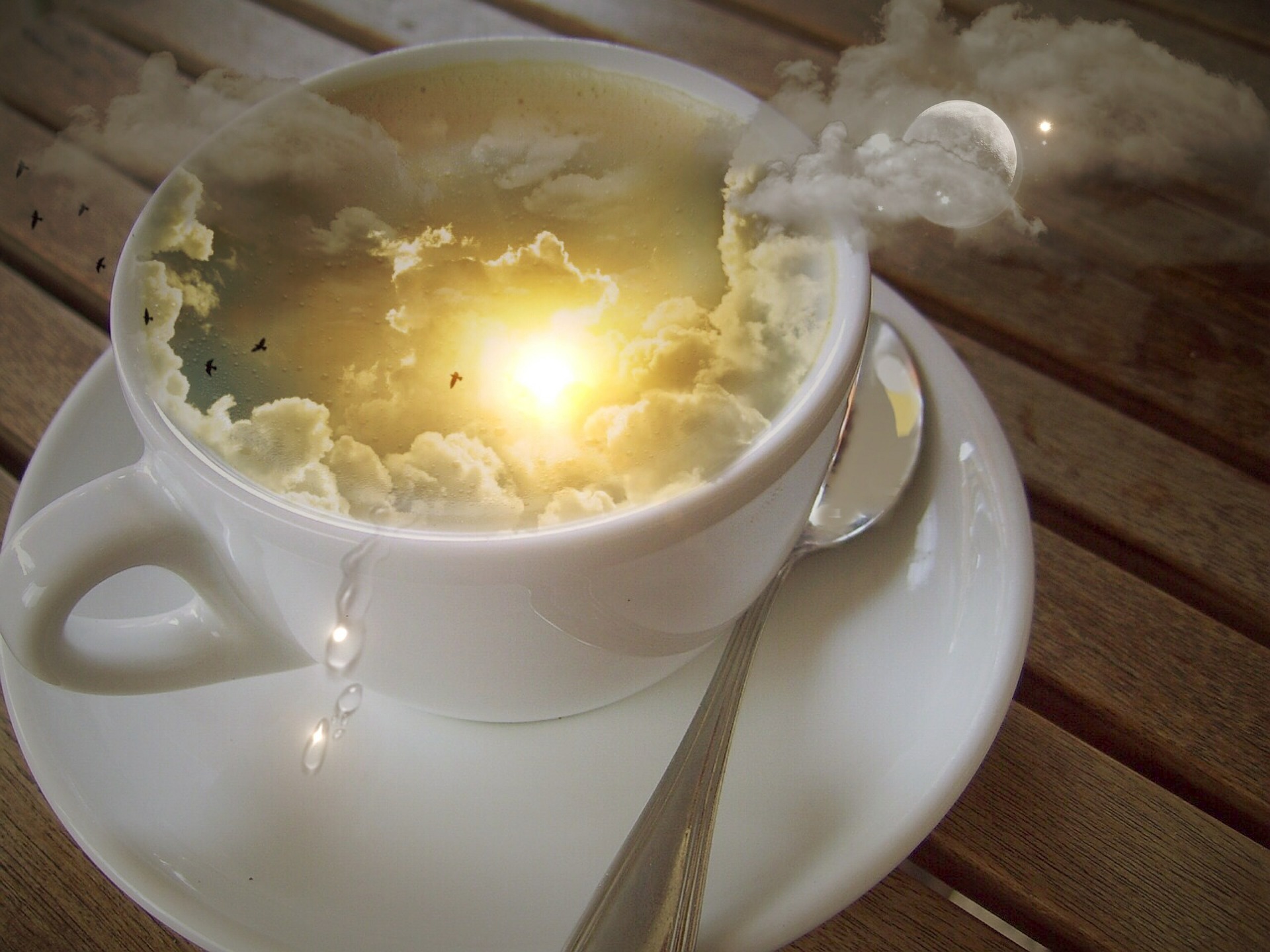 A photomontage. Within a teacup on a wooden table, the sun is rising. Also visible around the cup's edges are birds, clouds, the moon.