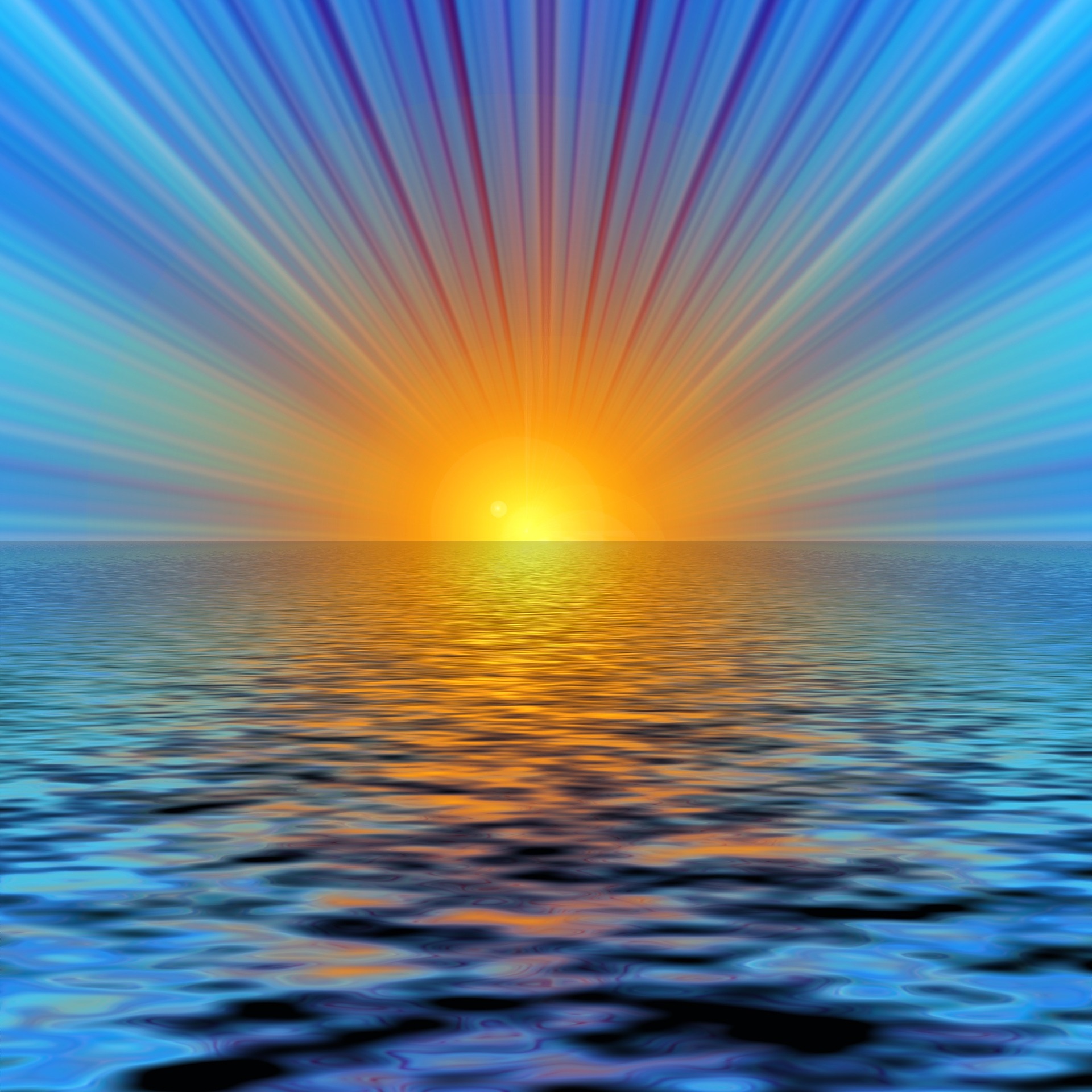 This is an illustration of the sun rising over the ocean's horizon. Powerful lines of energy stream forth in all directions. The sun's centre is yellow, its periphery orange, and its rays blues and violets.