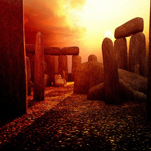 A painting of Stonehenge with the sun low on the horizon
