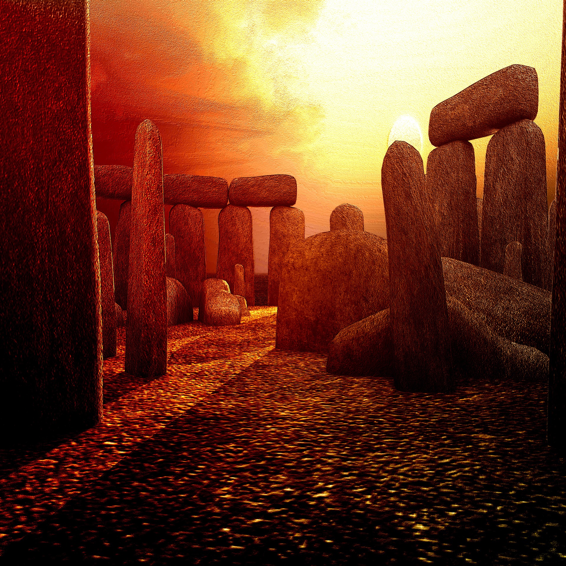 A painting of Stonehenge with the sun low on the horizon