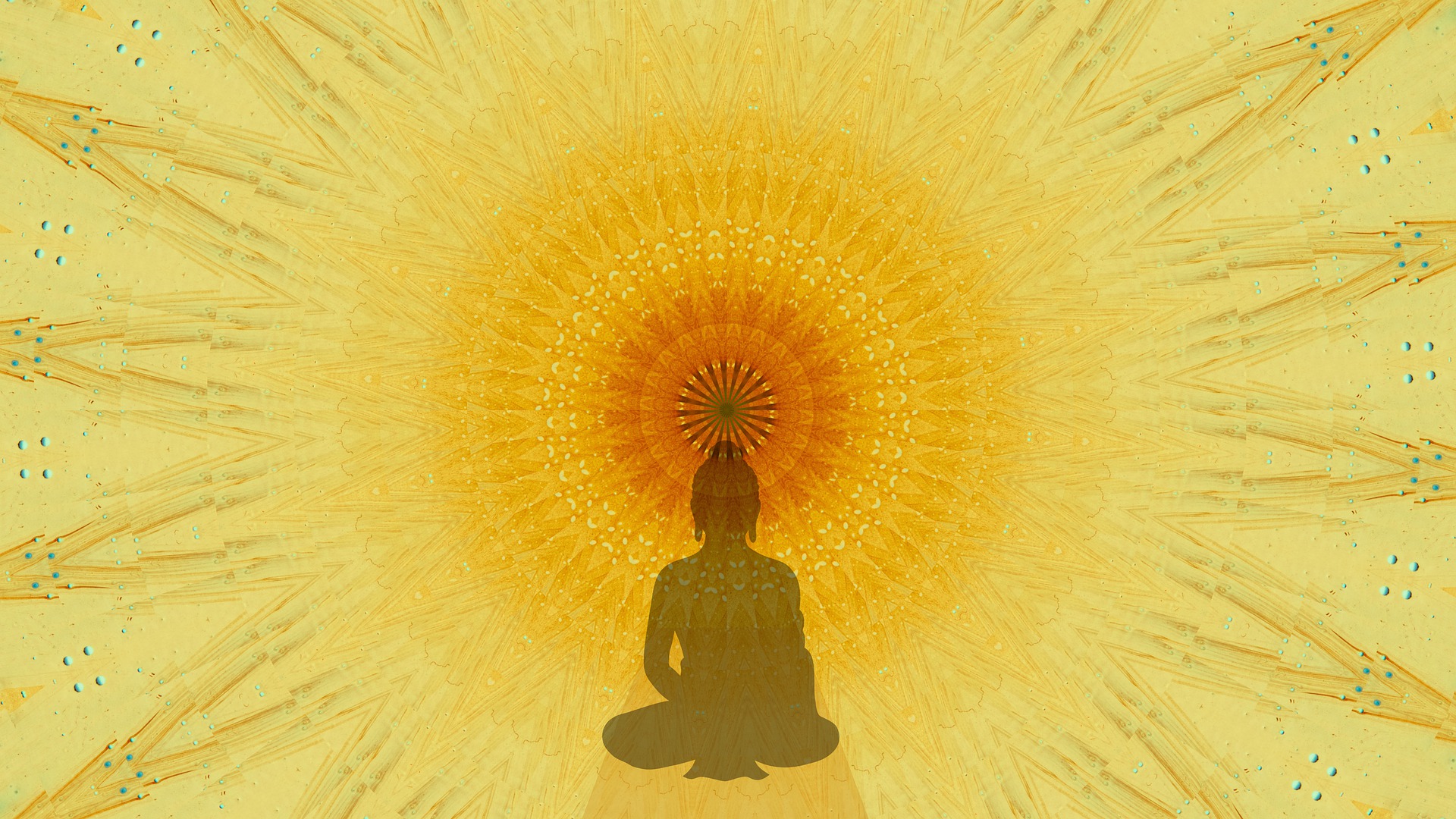 A graphic of a mandala sun. It uses a repeated and varied geometric pattern. It is orange at its centre, then moving to darker yellows, whilst its rays are bright yellow. At the base of the image, in the centre, is a shadow of a cross-legged Buddha, meditating.