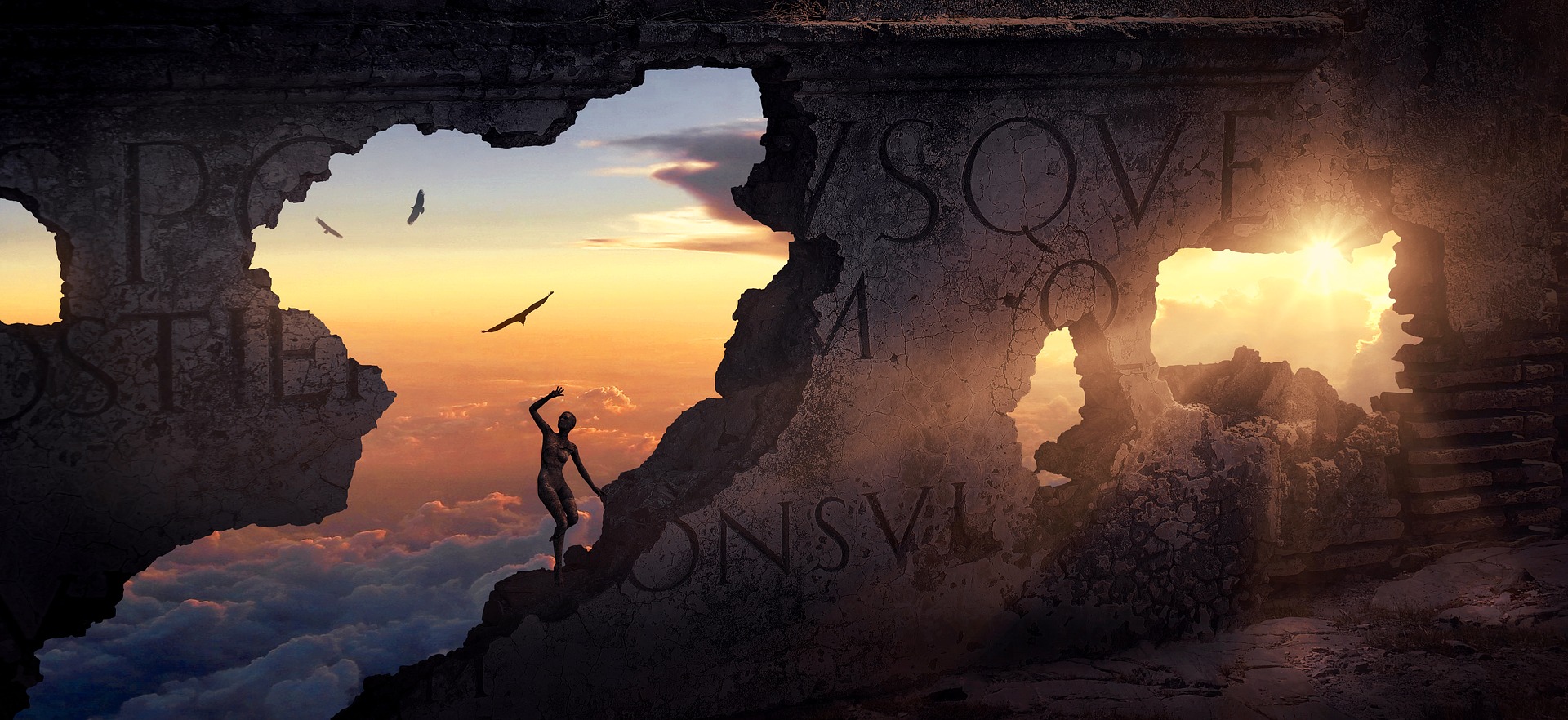A wall seems suspended above the clouds. There are large gaps in the wall, allowing the sun to shine through. There is ancient writing on the wall in large letters. Through the gaps are seen high-soaring birds. A person is exploring the fantastic scene.