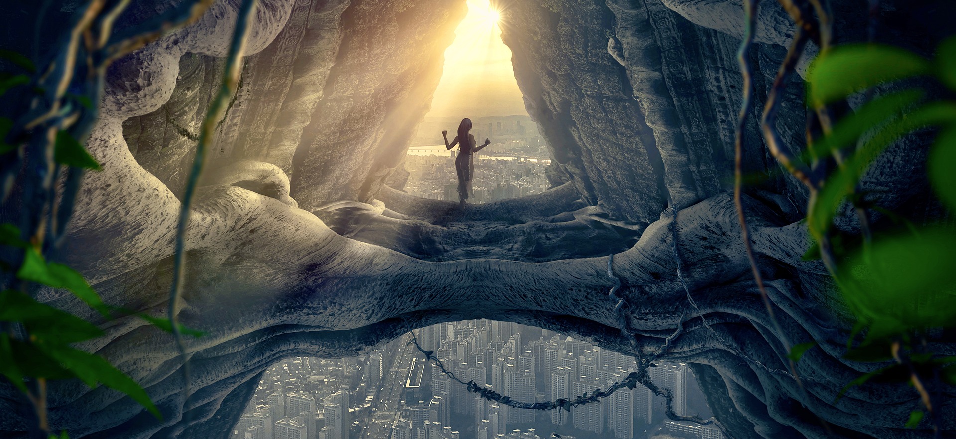 A young woman stands and gazes at a sunrise. She watches from giant roots way above and beyond a city of skyscrapers.