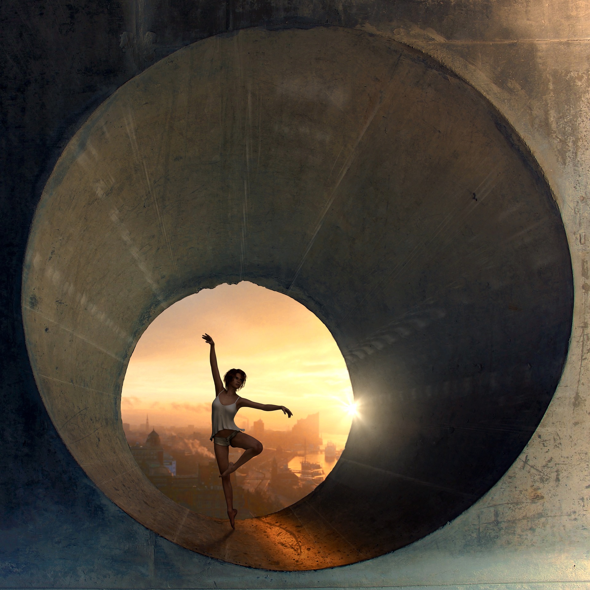 A massive tube is floating in the sky and inside a woman dances beautifully. Through the tube we see the glorious sun and below an ancient city.
